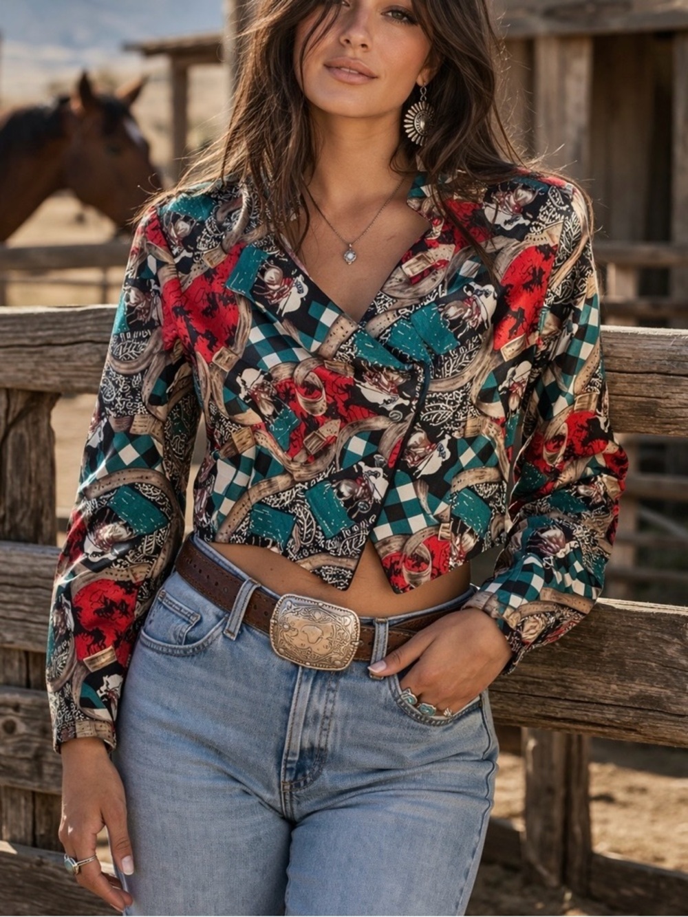 Vintage RoughRider Made in USA Western Cropped LS Top Shirt Small Cowgirl Rodeo